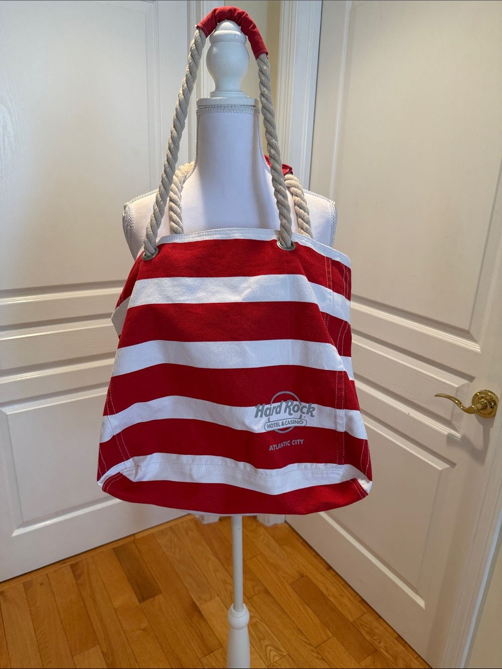 Hard Rock Cafe Red & White Striped Rope-Handle Tote Bag